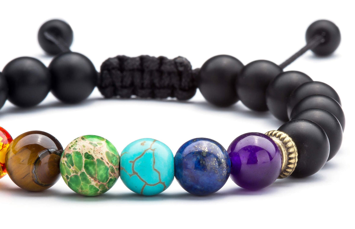 Men Women 8mm Lava Rock Chakra Beads Bracelet Braided Rope Natural Stone Yoga Bracelet Bangle (Matte Black Agate-21004)
