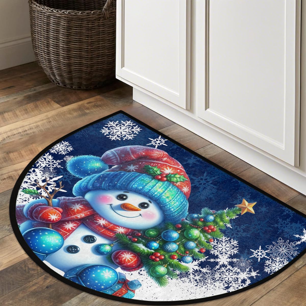 Half Round Doormat Christmas Snowman Blue Decorate Washable Semi Circle Area Rug Non Slip Half Moon Rug Holiday Decor Mat for Indoor Outdoor Bathroom Kitchen Welcome Fireplace Hearth Floor Mat (X:xmas5)