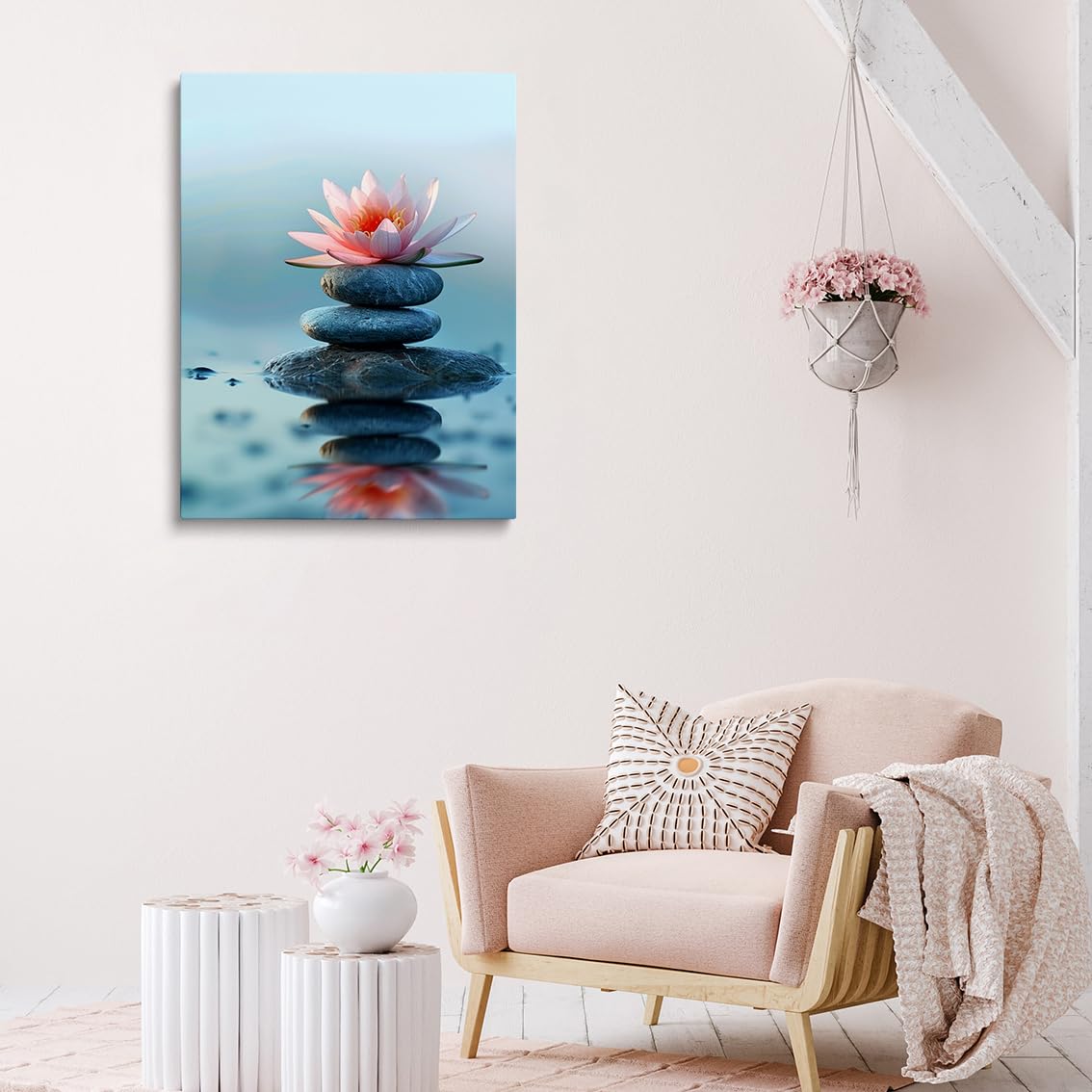 Zen Lotus Flower and Stones Wall Art (Wood Framed-8 / 12"L x 16"W)