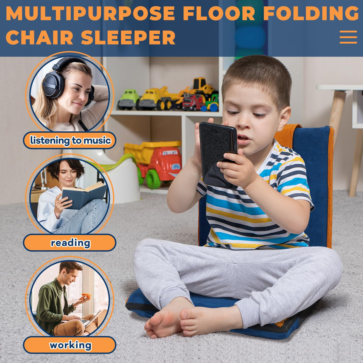 2 Pcs Floor Chair with Back Support Padded Floor Seating Portable Floor Seat Meditation Cushion Adjustable Fully Folding Backrest for Adult Kid Gaming Linen Washable Cover (Blue, Khaki)