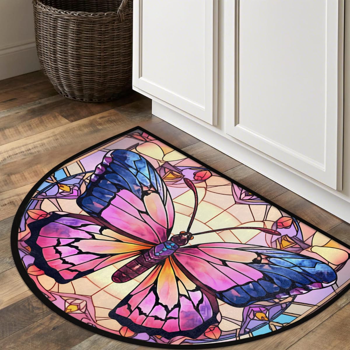 Half Round Doormat Window Butterfly Art Semi Circle Rug Non Slip Indoor Outdoor Entrance Half Moon Rug Washable Front Floor Mat for Kitchen Bathroom Patio Fireplace Holiday Decor (Z:butterfly 01)