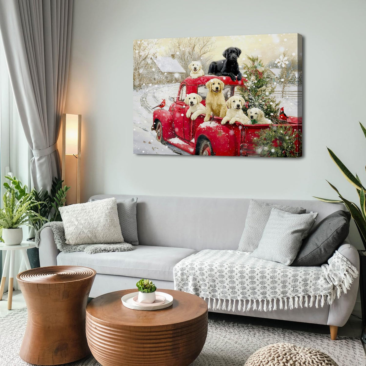 Vintage Christmas Wall Art Winter Farmhouse Scenic Wall Decor Red Truck Christmas Tree Canvas Prints Cute Puppy Pictures Snow Country Landscape Artwork for Bedroom Kitchen Home Decorations 32x48" (48"L x 32"W / Xmas Puppy)