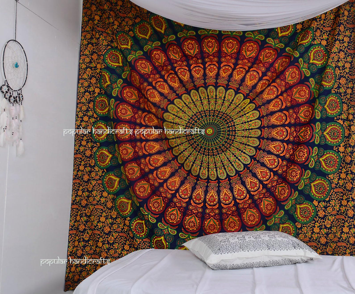 Tapestry Wall Hanging Hippie Mandala Bohemian Hippy Psychedelic Intricate Floral Design Indian Tapestries Bedspread 84 x 90 Inches (90"L x 84"W / Multi Color)