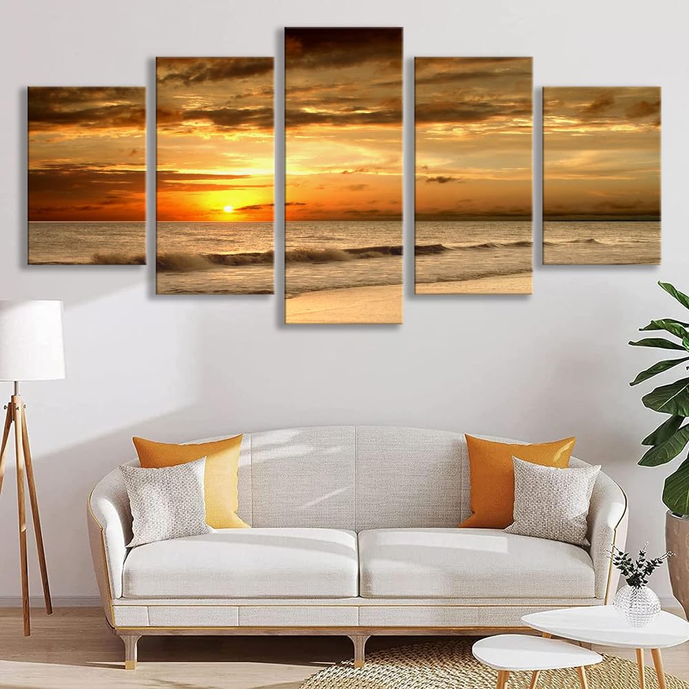 5 Parts Ocean Wave Canvas Wall Art Beach Dusk sea View Sunset Pictures Coastal Nature Artwork Blue Sea Painting Prints for Living Room Bedroom Home Office Decoration (16x24inchx2,16x32inchx2,16x40x1 / Artwork4)