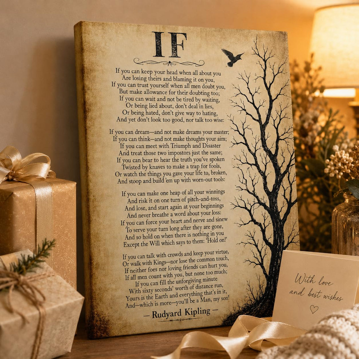 Inspirational Poem Framed Wall Art Canvas Vintage Office Decor 16x24 Inches (Rudyard Kipling If / 24"L x 16"W)