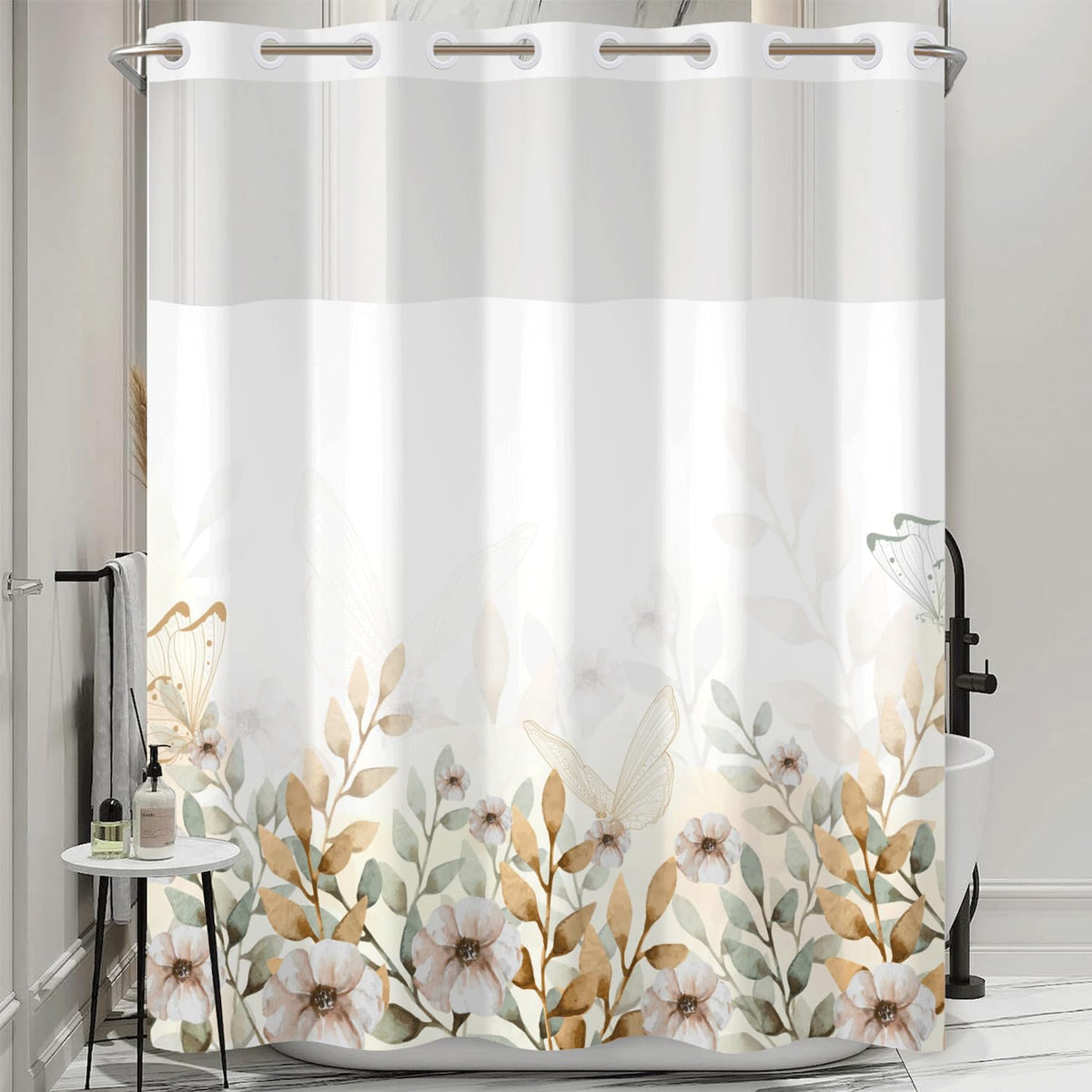 No Hook Shower Curtain and Liner Set (Botanical-5)