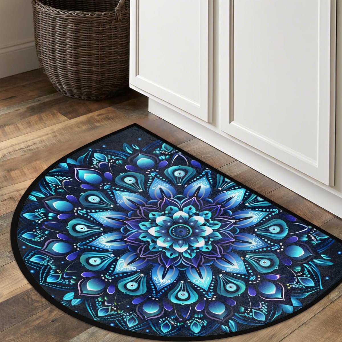 Half Round Door Mat Mandala Ethnic Flower Half Moon Rug Ethnic Mandala Washable Half Circle Area Rugs Indoor Entrance Non Slip Semi Circle Bathroom Rugs Floor Carpet for Kithen Bedroom Fireplace Decor (Color 9)