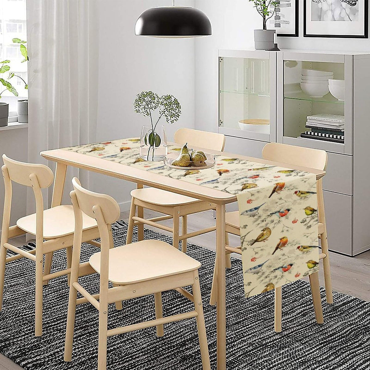 Flower Birds Table Runner Nature Themed Winter Birds on Branches (13x120inch / Birds 1)