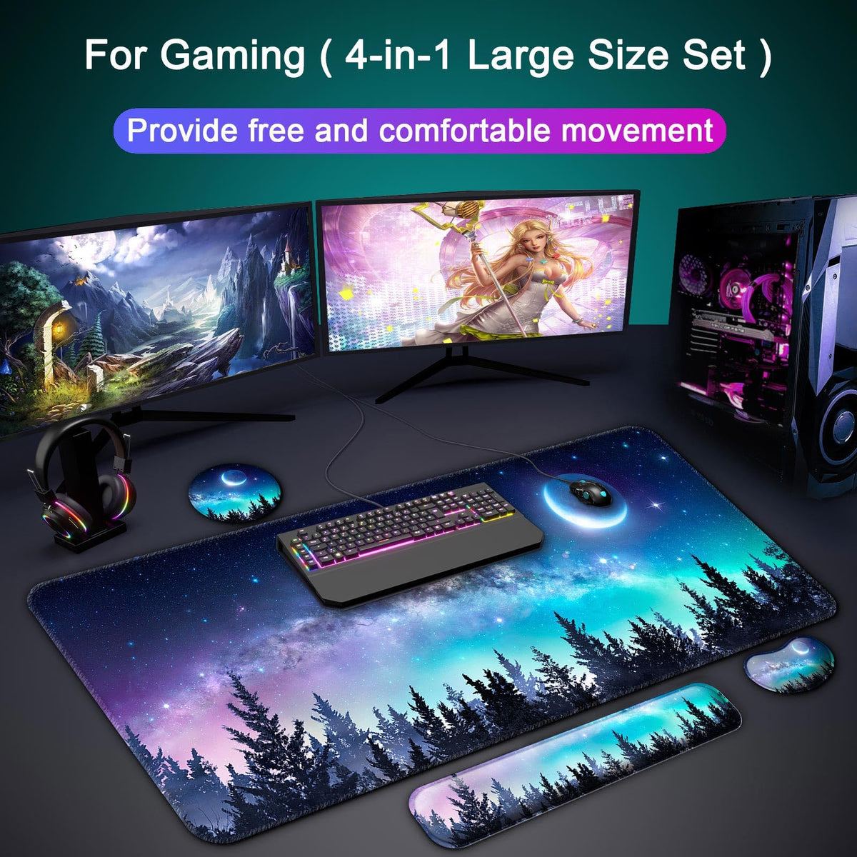 4 in 1 Mouse Pad and Keyboard Wrist Rest (C1-forest Moon)