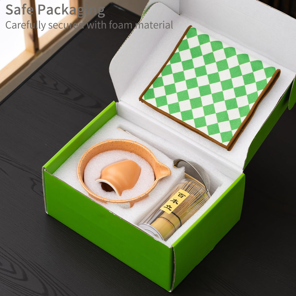 Premium 7 Piece Matcha Tea Set (Orange grid)