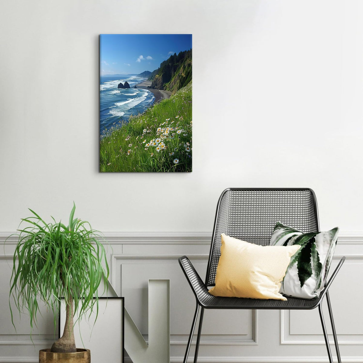 Beach Wall Art Coastal Wall Decor Daisy Flowers Pictures Mountain Cliffs Canvas Prints Blue Ocean Wave Scenery Poster Nature Seascape Painting Artwork for Bedroom Living Room Home Decoration 16x24" (24"L x 16"W / Seaside Cliffs)