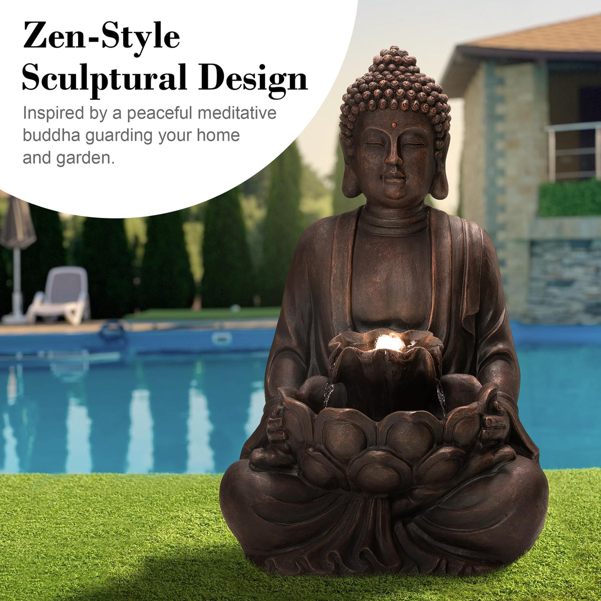 Buddha Fountain with Pump & LED Light (Bronze Buddha W/Lotus Leaf&flower Basins / 23.25"H)