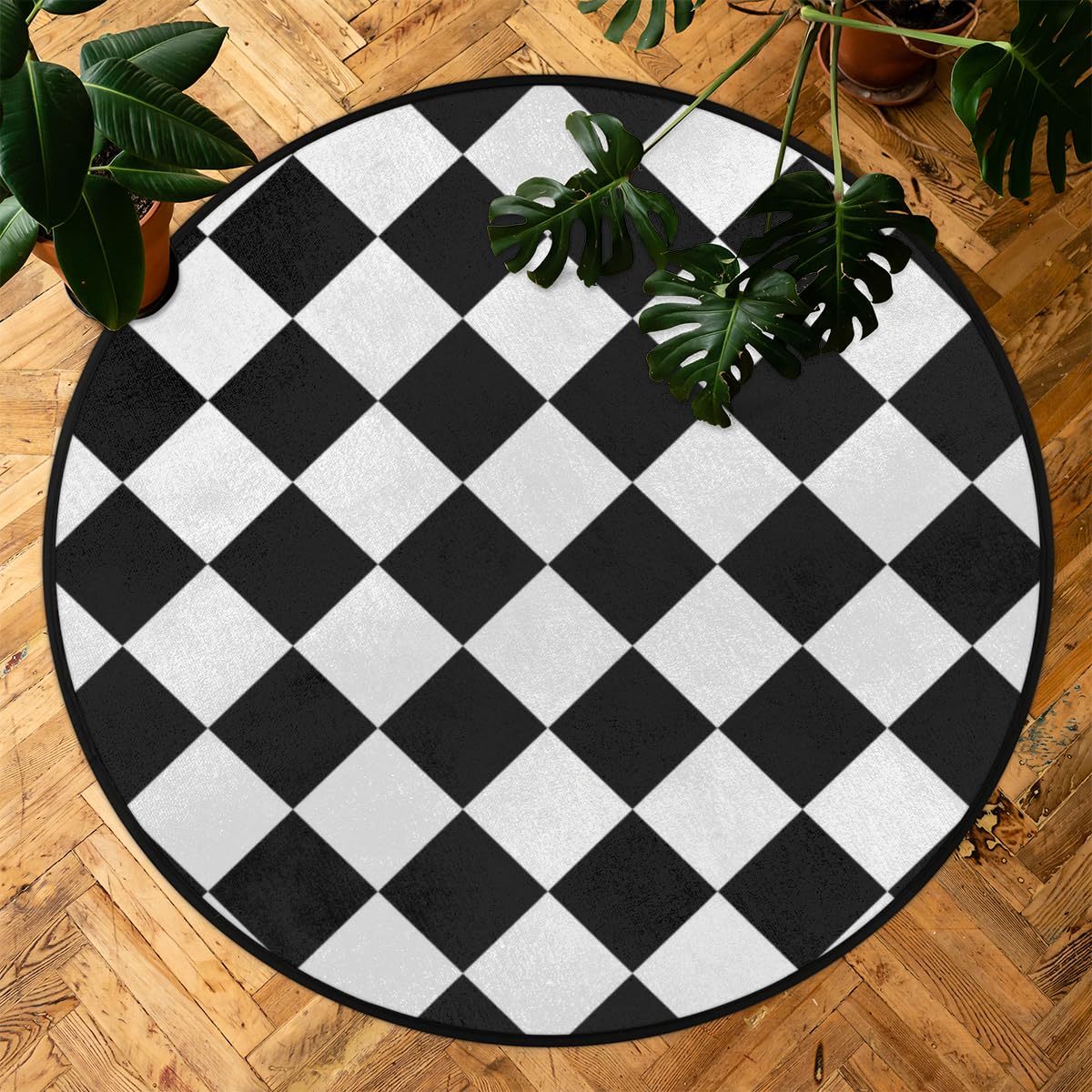 Black White Checkered Round Area Rug 3Ft Grid Circle Carpet Floor Mat (3 ft / Grid)