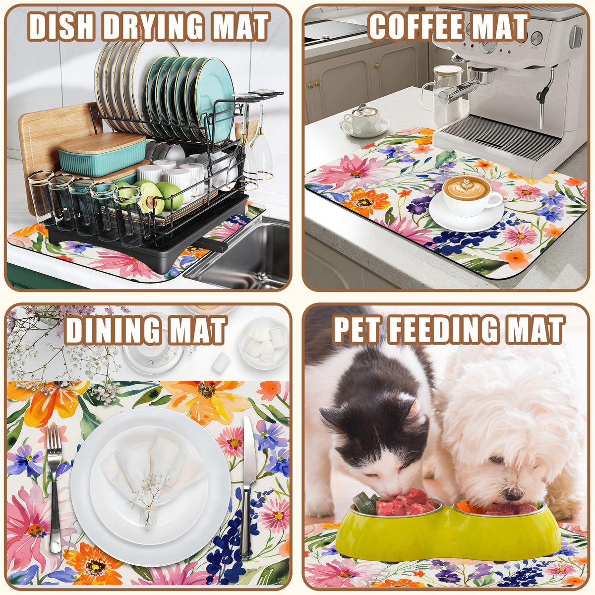 Dish Drying Mat Colorful Wildflowers Coffee Bar Mat for Countertop Rubber Backed Absorbent Hide Stain Dish Drainer Rack Pad Espresso Machine Coffee Table Dining Room Decoration 15.7 x 23.6 Inch (15.7" x 23.6")