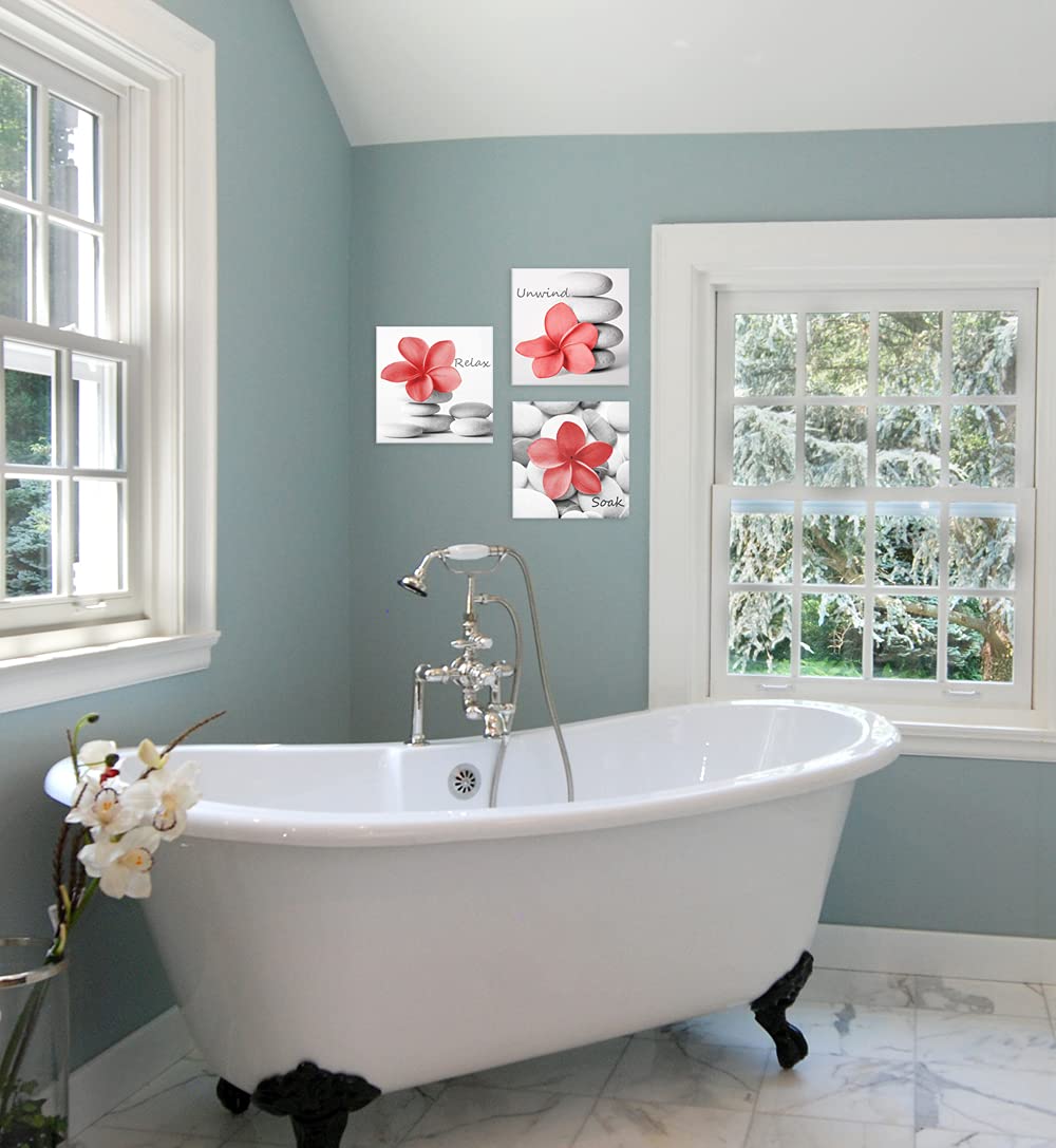 Modern Coral Gray Bathroom Wall Art Decor Zen Flowers Pictures Canvas Print Relax Soak Unwind Set of 3 (Coral)