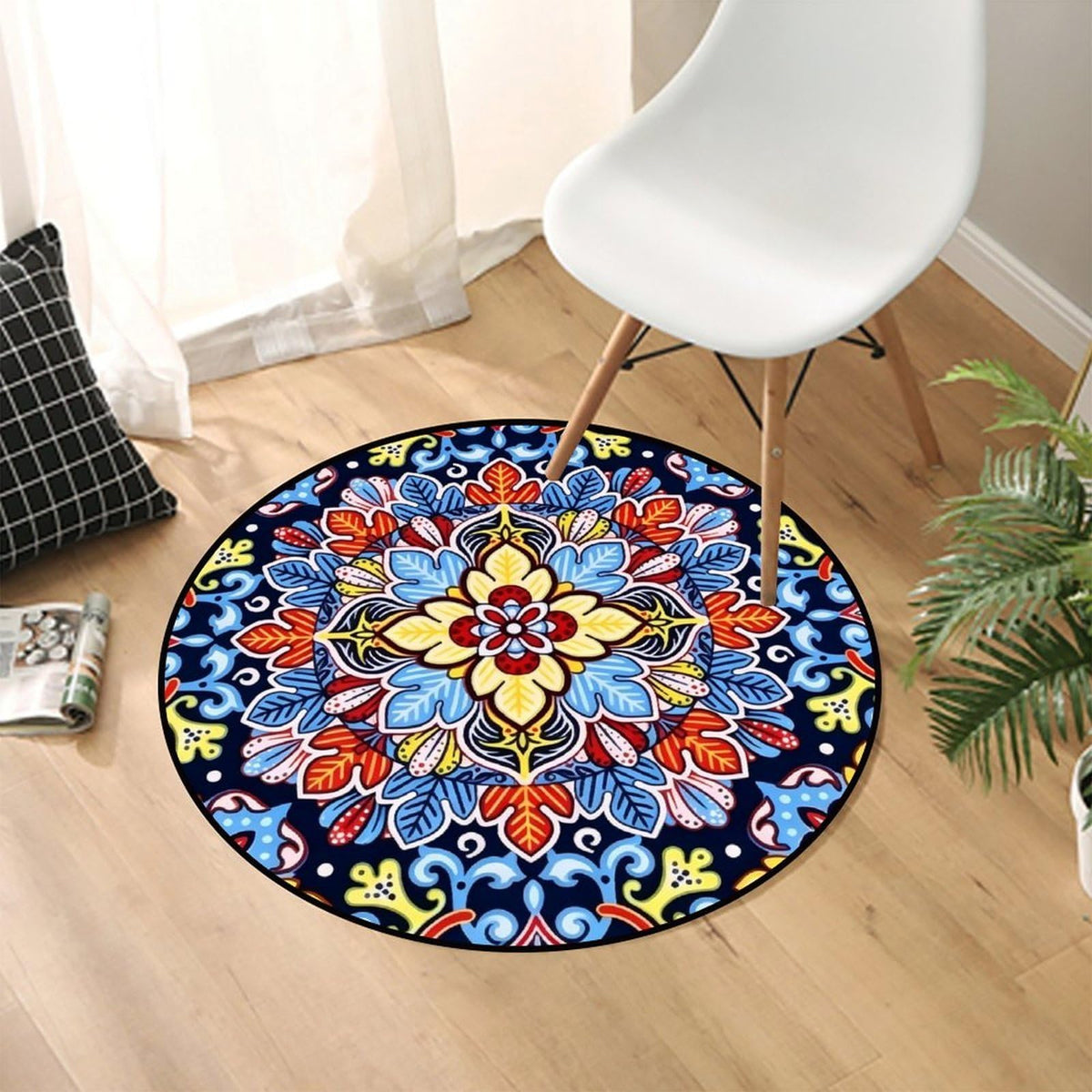 Round Area Rugs 5 FT Washable Non Slip Circle Rug (Navy Blue Folk Mandala / 5' (Round))