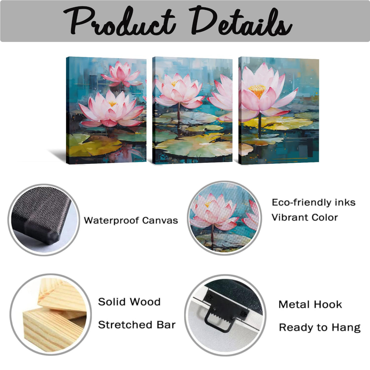 Lotus Canvas Wall Art 3 Pieces Pink Flower with Lotus Leaf in River Pictures Prints Wall Decor Nature Landscape Painting Modern Artwork for Living Room Bathroom Bedroom Office Home (Lotus-4 / 12.00"x16.00"x3P)
