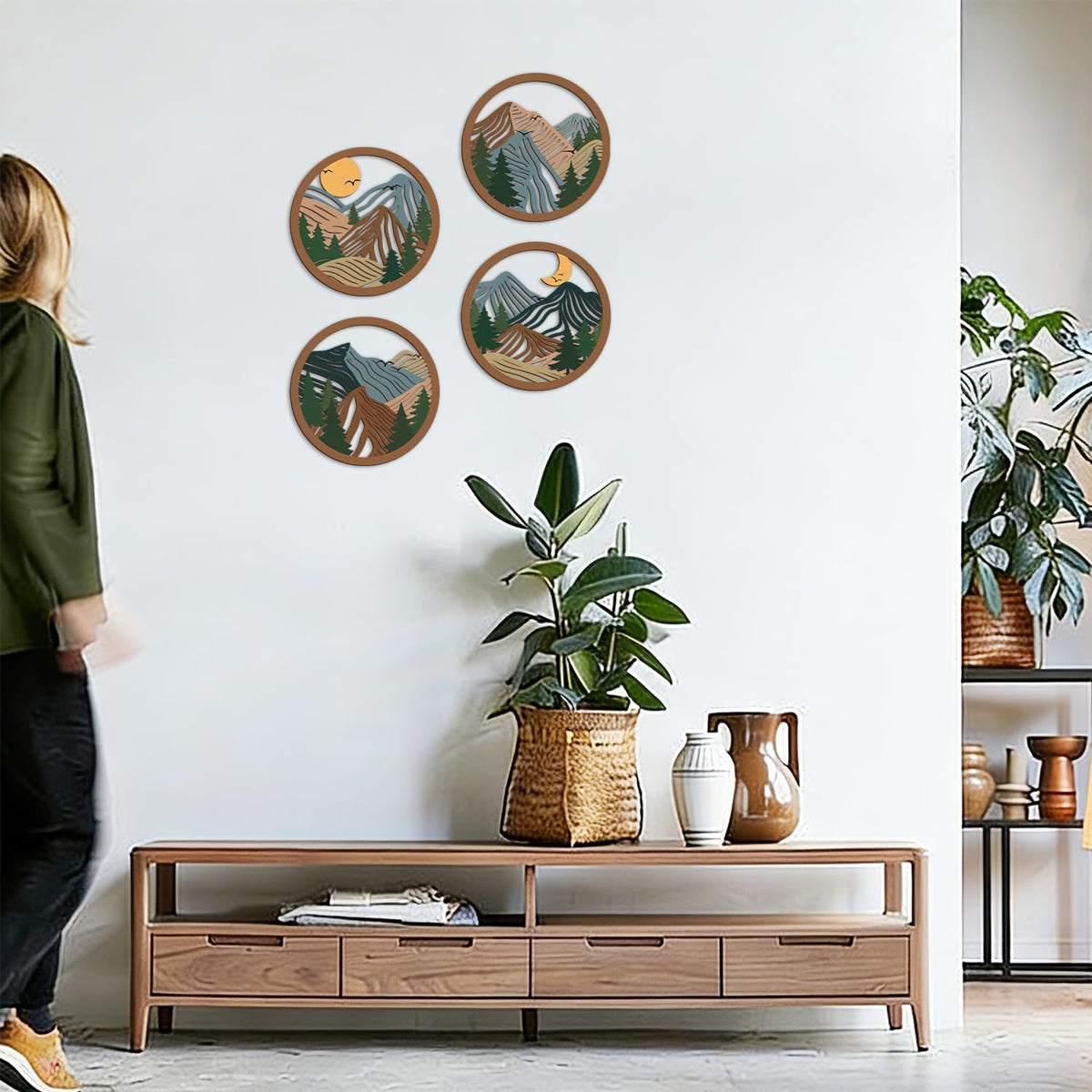 Boho Mountain Wooden Wall Art Abstract Mountain Landscape Wall Decor (4pcs Mountain Landscape Wooden Wall Art)
