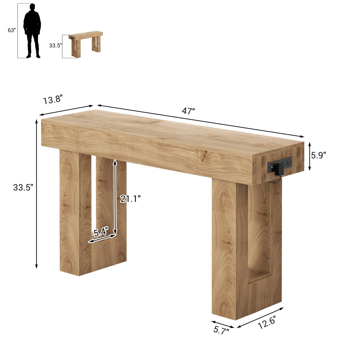 47" Entryway Table with Sensor Light & AC Outlets with USB (Natural Oak / 47IN)