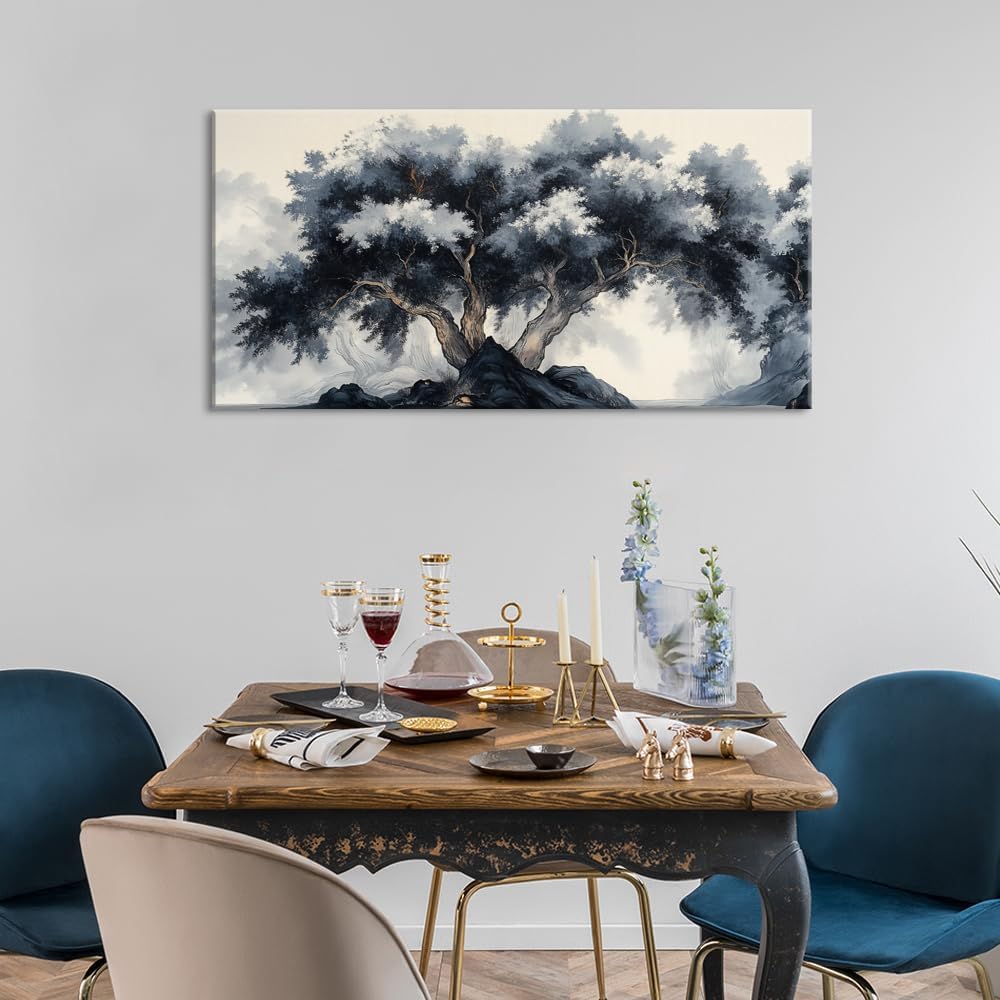 Gray Tree Wall Art for Living Room Office Ancient Zen Nature Traditional Landscape Tree of life Painting Prints Oriental Canvas Artwork Dining Bedroom Decor (Abstract / Gray Black White Tree Wall Art / 40L" x 20W")