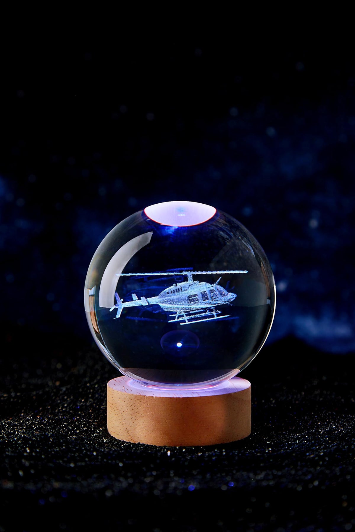 Large Helicopter Crystal Ball Night Light with Woodern Base (helicopter)