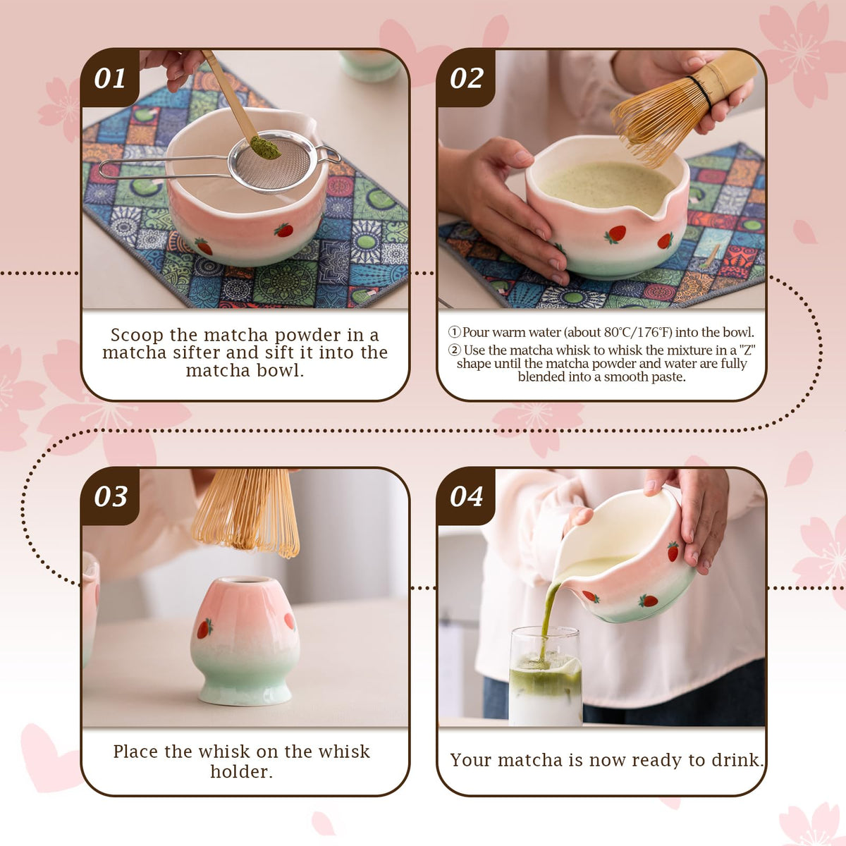 Matcha Whisk Set Elegant Petal Shaped Matcha Bowl Design (Strawberry)