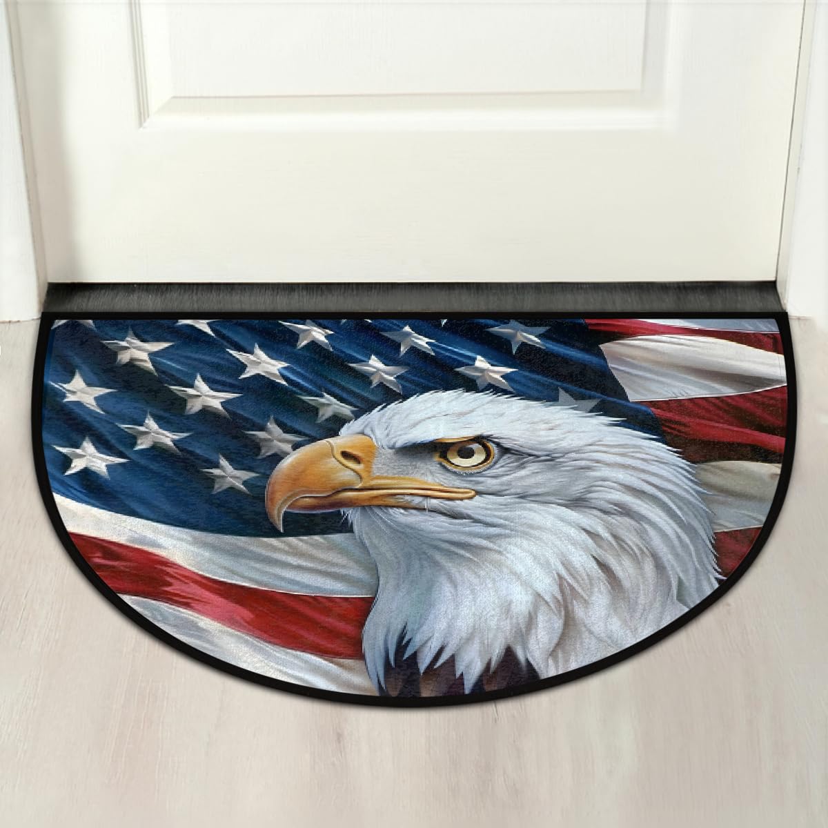 Flag and Eagles Half Round Doormat Semi Circle Rug Non Slip Indoor Outdoor Entrance Half Moon Rug Absorbent Durable Washable Front Floor Mat for Kitchen Bathroom Patio Fireplace (A07:flag and Eagle)
