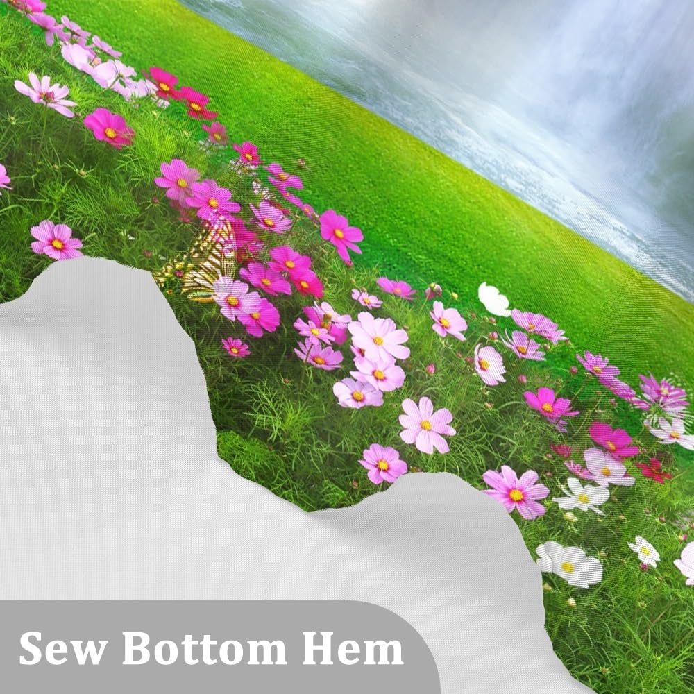 Spring Scenery Shower Curtain Set Decor Forest View Magnificent Waterfall Landscape Natural Scecery Green Leaves Grass Pink Floral Bath Curtain for Bathroom Decor with Hooks (72"W x 72"L (Pack of 1) / Green03)