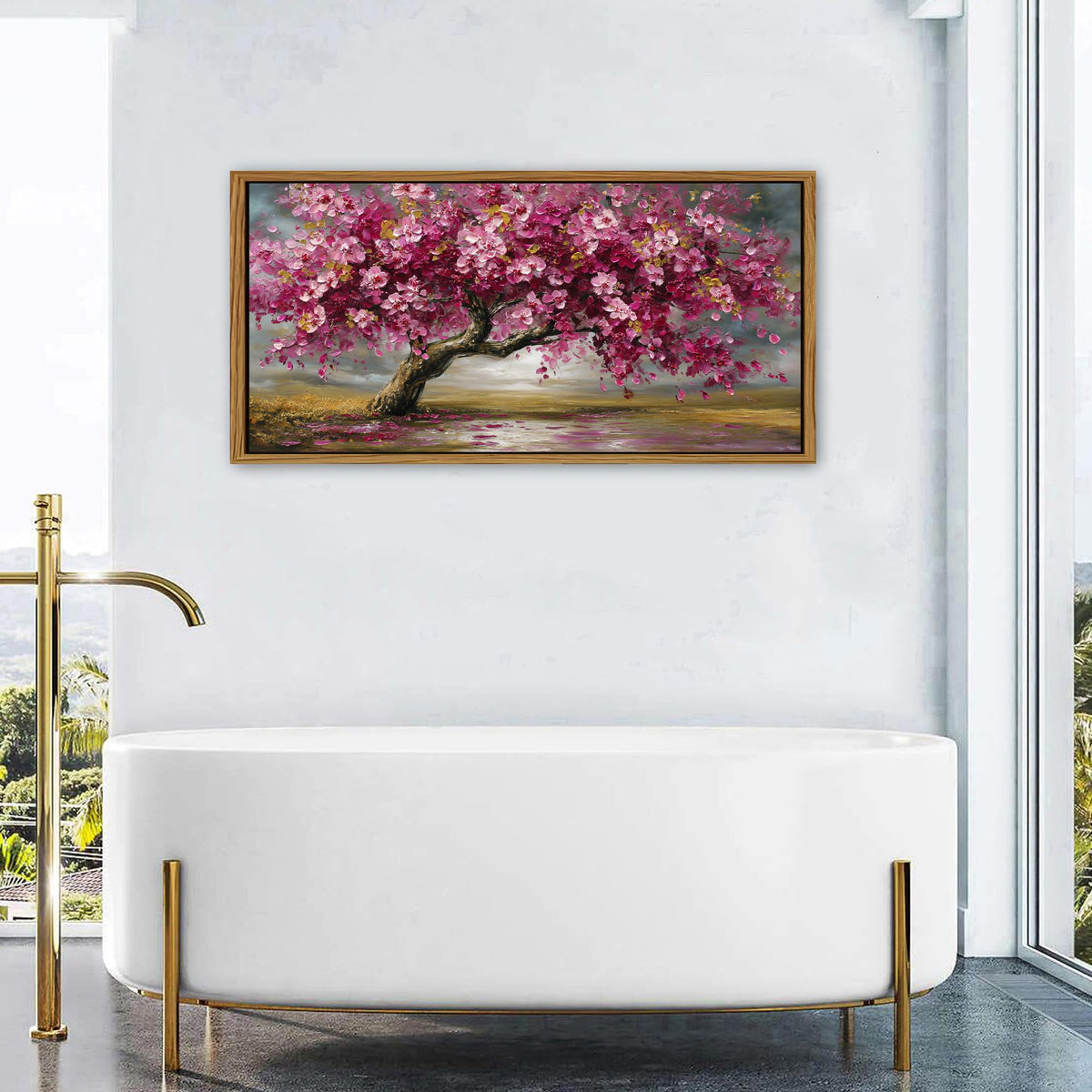 Framed Red Pink Tree Wall Art Tree of Life Picture for Living Room Colorful Flower Wall Decor Abstract Nature Scenery Texture Prints Canvas Painting Watercolor Artwork Bedroom Kitchen Decoration 24x48 (24"L x 48"W / Pink Tree)