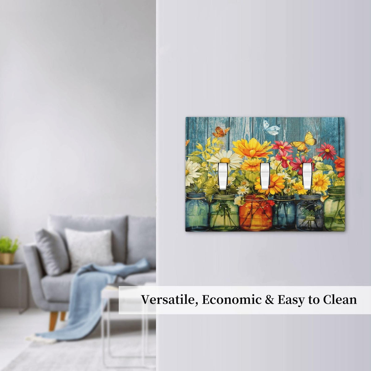 Country Rustic Daisy Flowers Butterfly 3 Gang Electrical Outlet Light Switch Cover Decorative Farmhouse Home Vintage Family Colorful Floral Triple Toggle Switch Face Wall Plate Covers (Country Rustic Daisy Flower Butterfly / 3 Gang Toggle Mid)