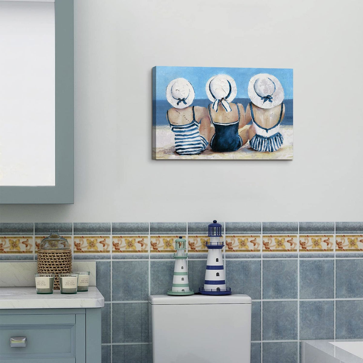 Coastal Beach Wall Art Bathroom Wall Decor Nautical Themed Swimsuit Girl Painting Teen Girls Bedroom Decor Retro Vintage Blue Ocean Poster Beauty Picture Beachy Room Artwork Home Decorations 12x16” (16"L x 12"W / Beach Girls)