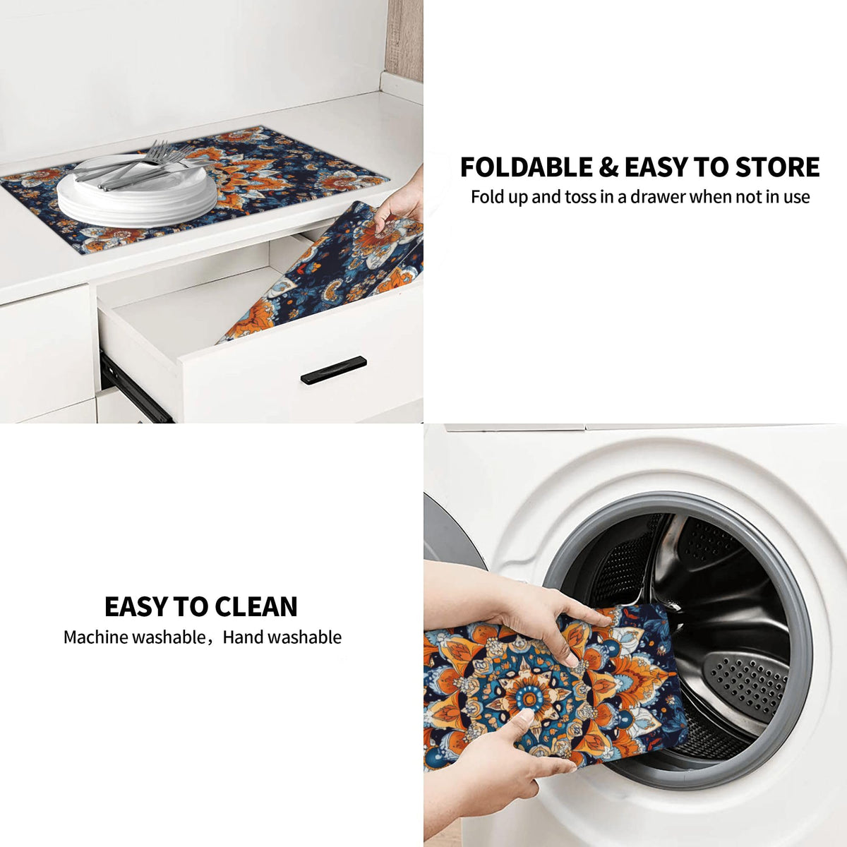 Mandala Flowers Dish Drying Mat for Kitchen Counter Microfiber Super Absorbent Non (Mandala Flowers)