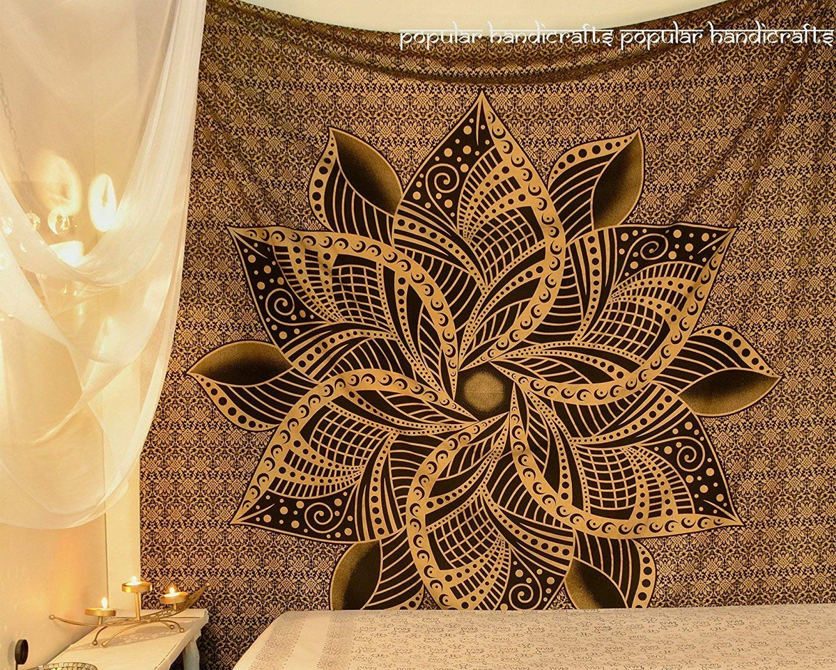Tapestry Wall Hanging Hippie Ombre Mandala Bohemian Hippy Intricate Indian Tapestries Bedspread 90 x 108 Inches (108"L x 90"W / Black and Gold)