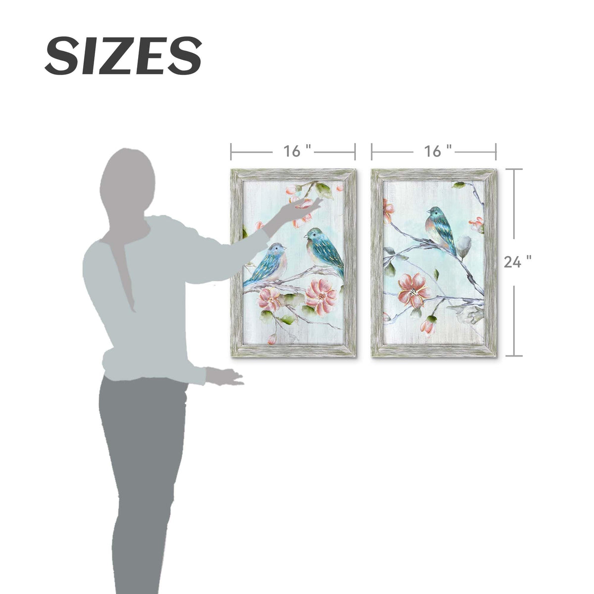 Floral Bird Wooden Framed Wall Art 11x16Inchx2PCS (blue&pink / 11L" x 16W")