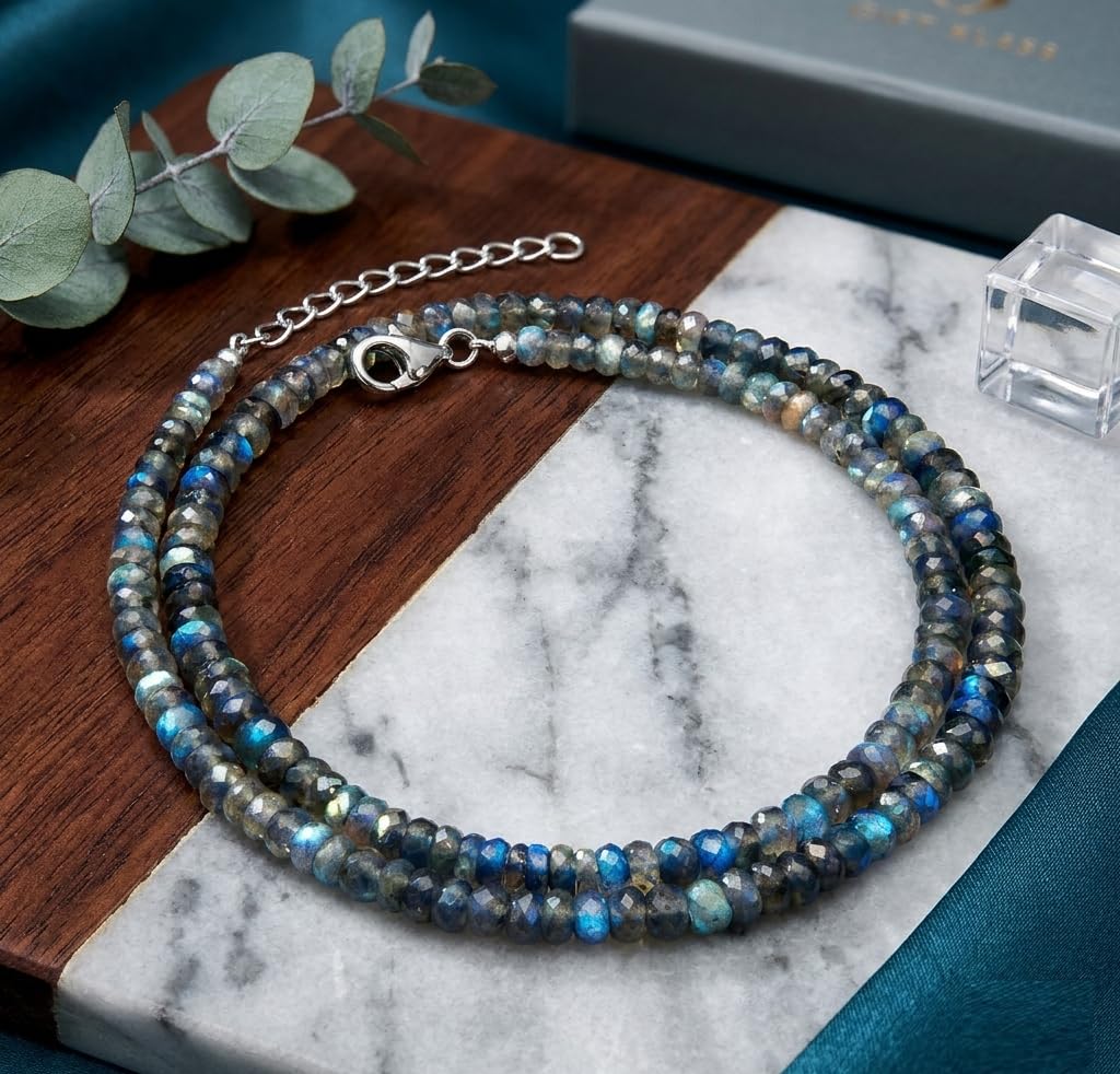 Blue Fire Faceted Labradorite Beads 16 Inch Beaded Necklace with Additional 2 inch 92.5 Sterling Silver Extension. Bead Size Varies from 2mm to 5mm (Blue Fire Natural Labradorite)