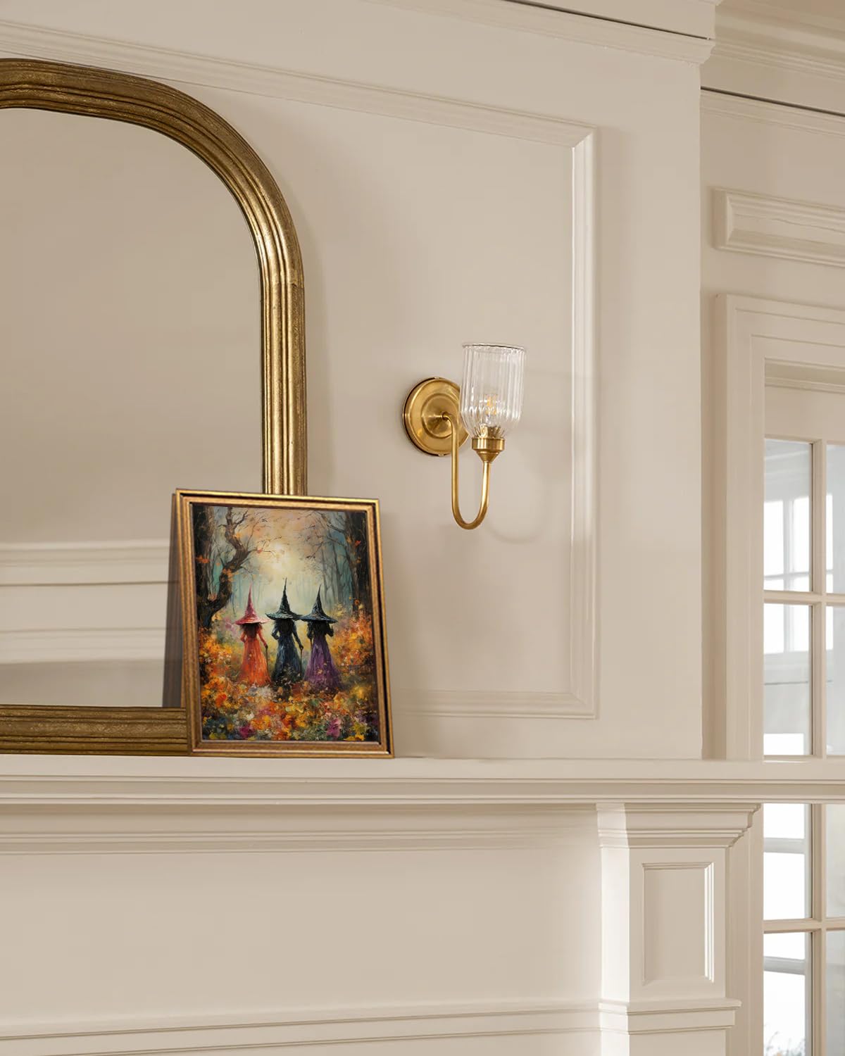 Halloween Three Witches Canvas Wall Art Gold Framed Fall Wall Decor (Halloween Painting / 10"L x 8"W)