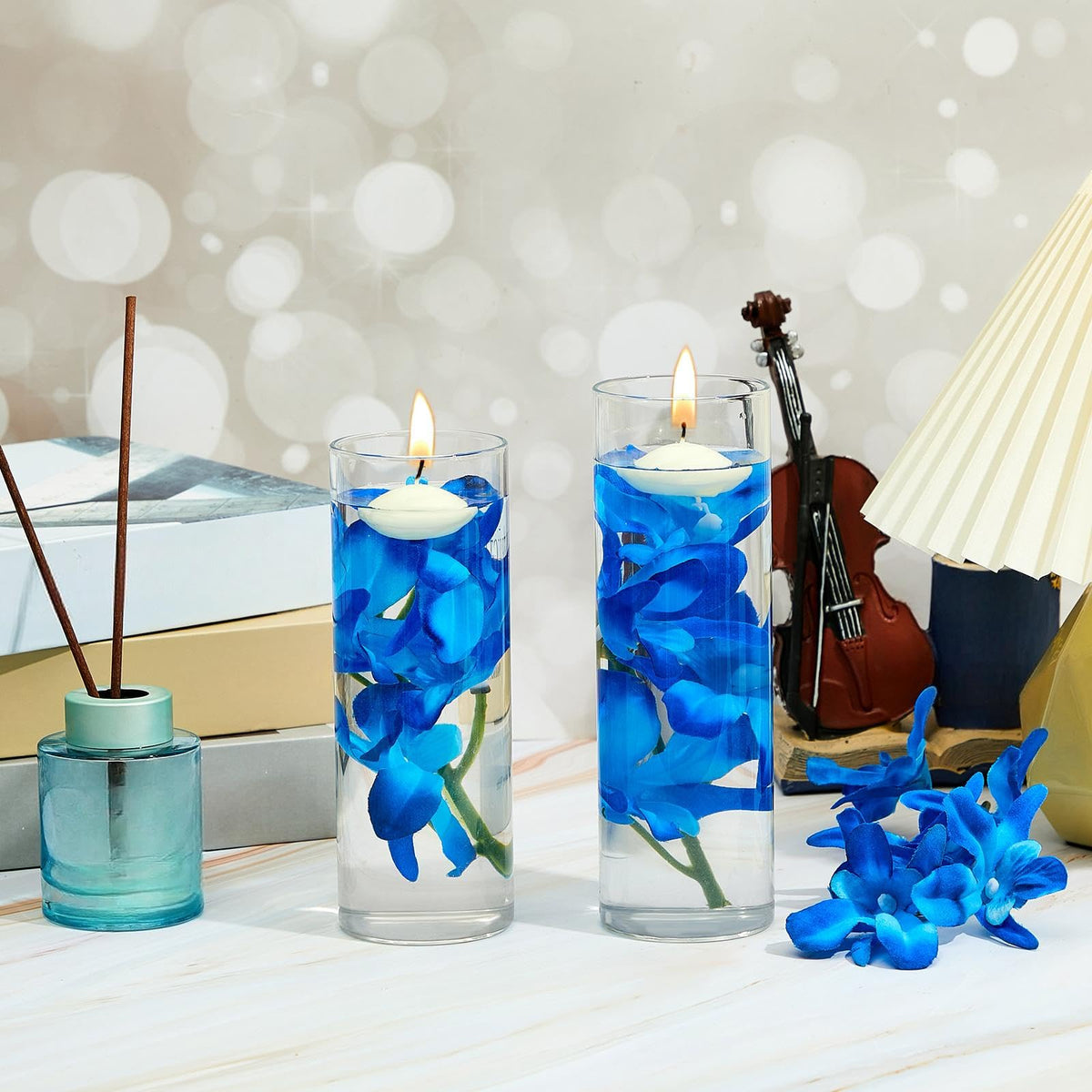 42 Pcs Blue Orchids Artificial Flowers Floating Candles Set