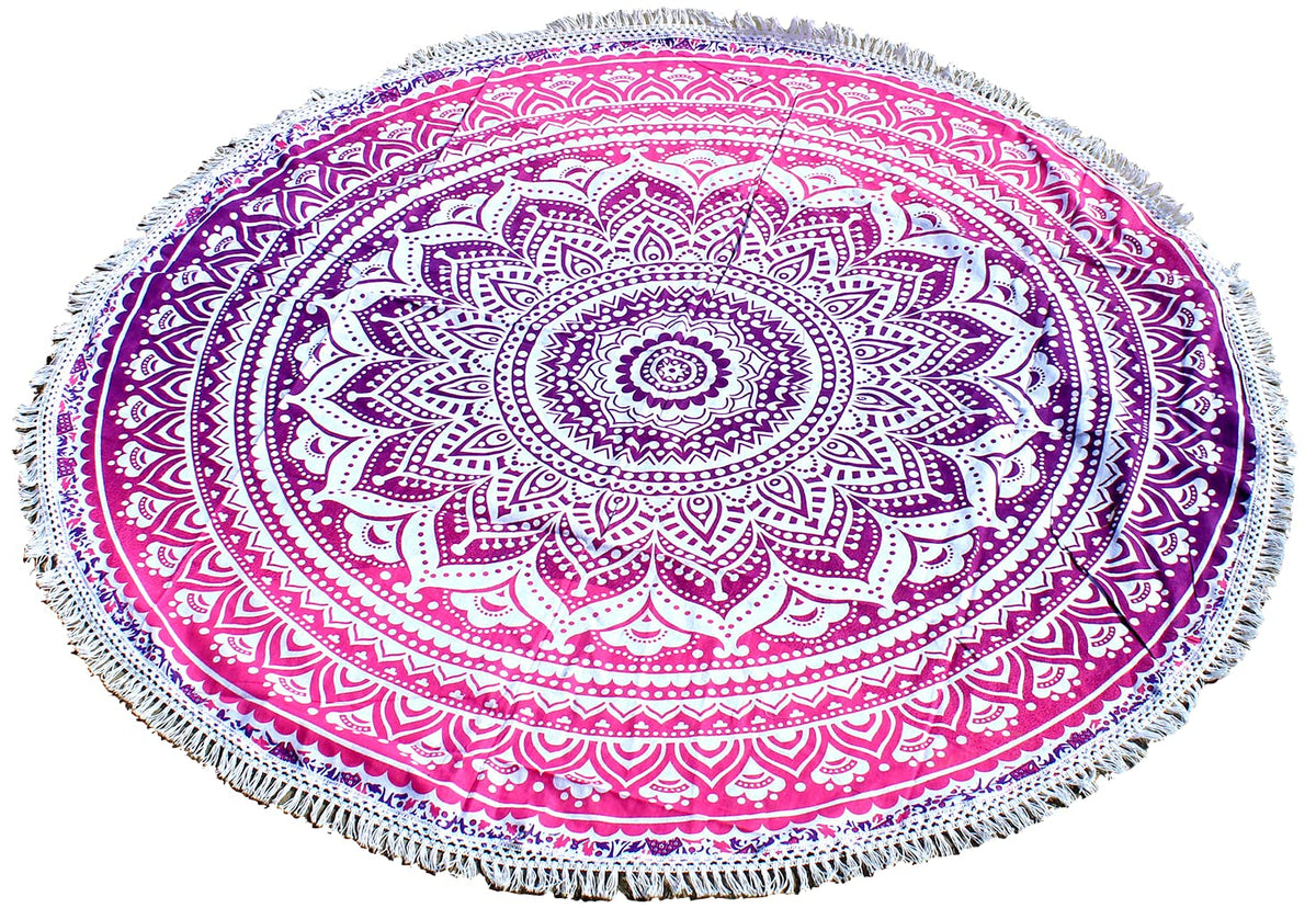 Round Beach Tapestry Turquoise Mandala Throw (5'10" (Round) / Pink and White)