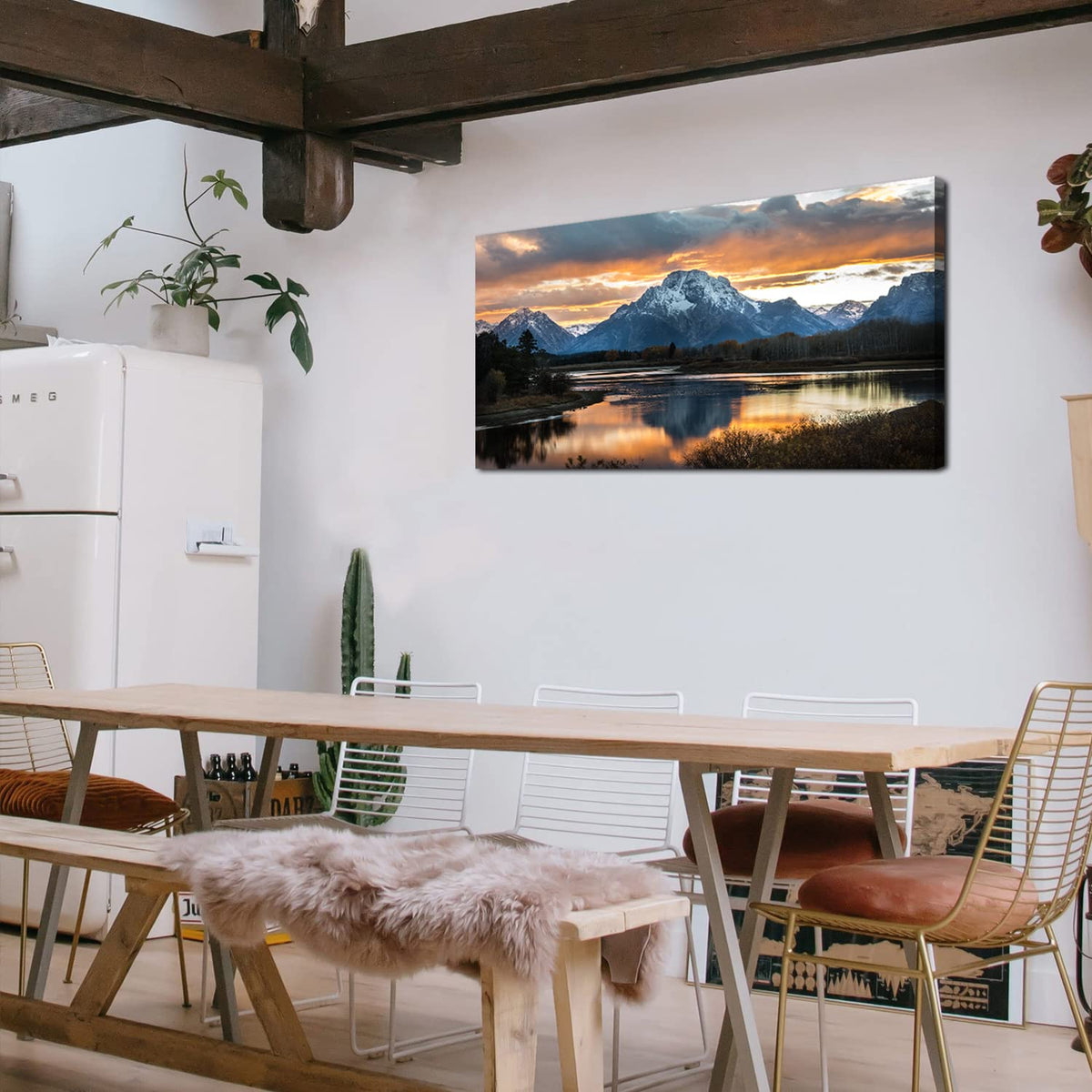 Grand Teton Mountain Wall Art National Park Posters Sunset Oxbow Bend Scenery Wall Picture Snake River Landscape Wall Art Nature Wyoming Painting Artwork for Living Room Bedroom Home Decoration 24x48" (48"L x 24"W / Grand Teton)