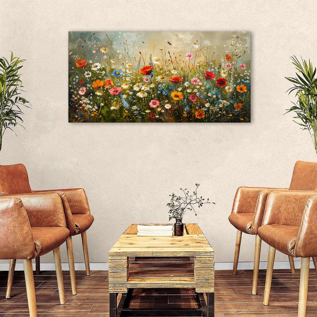 Colorful Floral Wall Art French Living Room Rustic Red White Poppy Flowers Wall Decor Watercolor Daisy Canvas Print Wildflower Painting Abstract Artwork for Bathroom Bedroom Home Decorations 24x48" (48"L x 24"W / Wildflowers)
