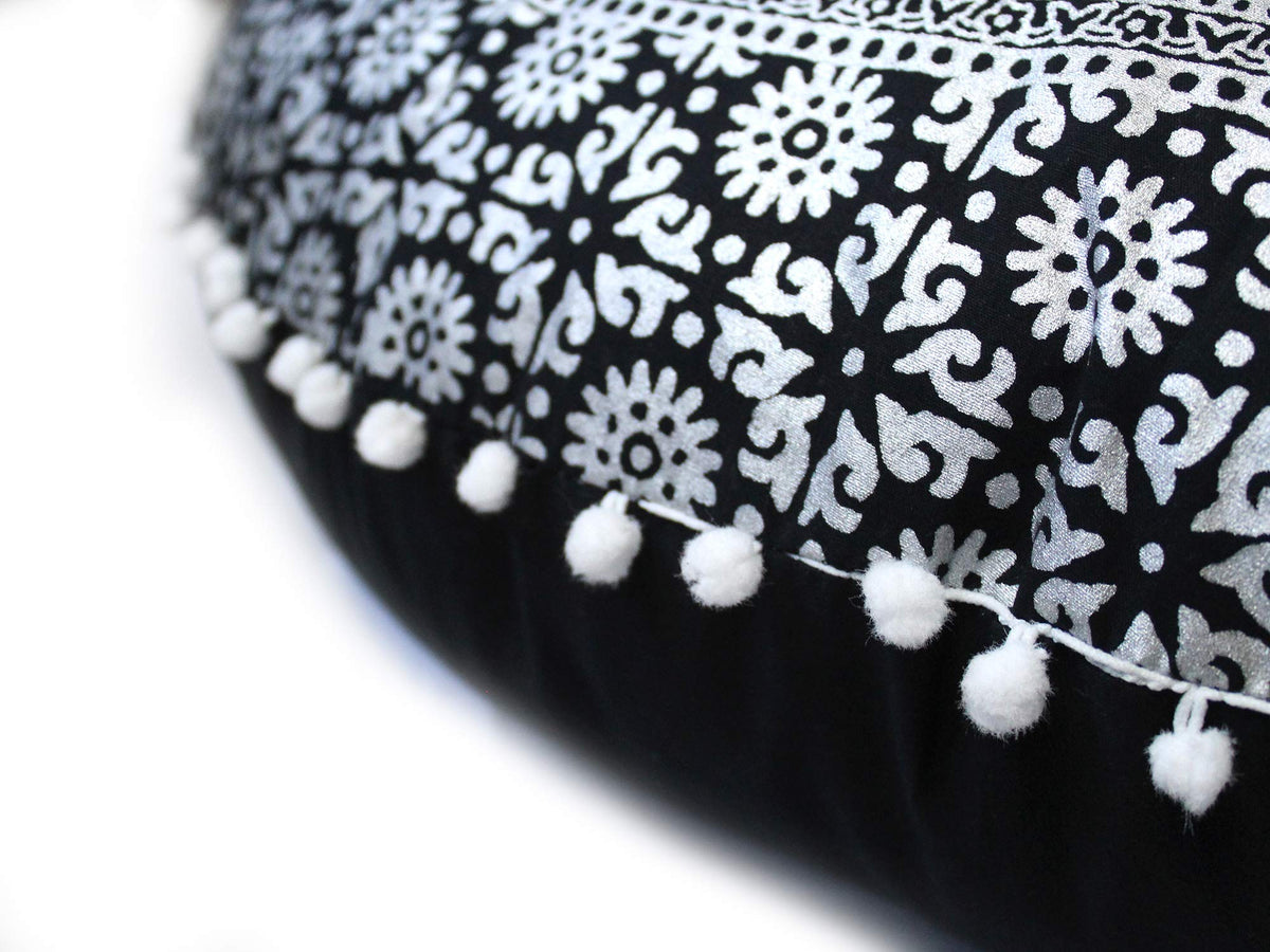 Large Hippie Floor Pillow Cover Mandala Meditation Cushion Case Pouf Cover Round Poufs Cover Bohemian Floor Cushion Cover Outdoor Fireplace Yoga Living Room Decor 32" Black Silver Elephant (Black Silver Elephant)