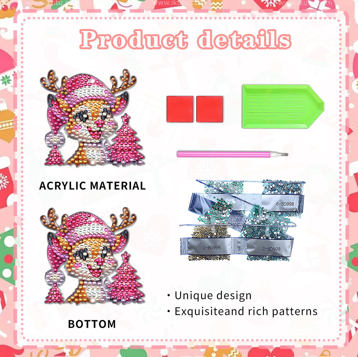 6 Pcs Diamond Painting Wind Chimes Pink Deer Diamond Art Christmas Ornament Kits Suncatcher 5D DIY Diamond Art Kits for Adults Holiday Xmas Best Gifts (Pink Deer)