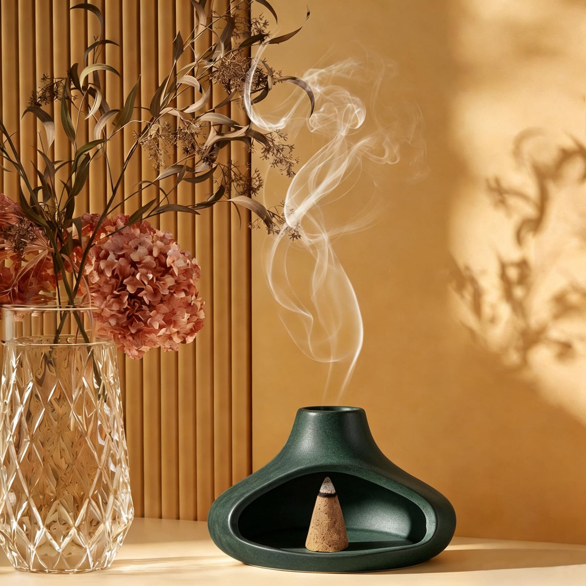 Ceramic Palo Santo Holder with Mini Chimney (Dark Green)