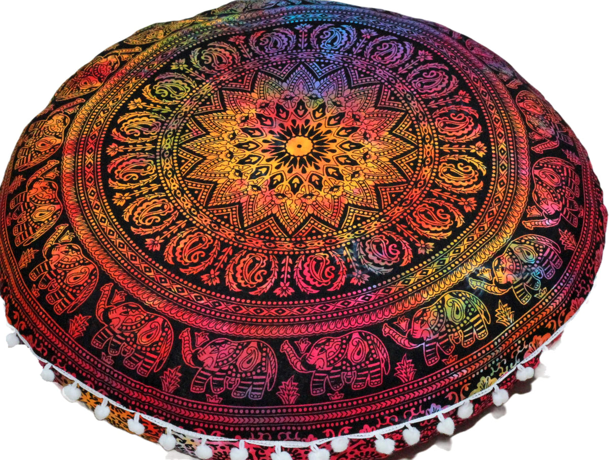 32" Large Round Bohemian Floor Pillow Cover Boho Pouf Cover Mandala Meditation Room Pillows Cover Adults Seating Poufs Cushion Cover for Kids Reading Playroom Multi Elephant (Multi Elephant)