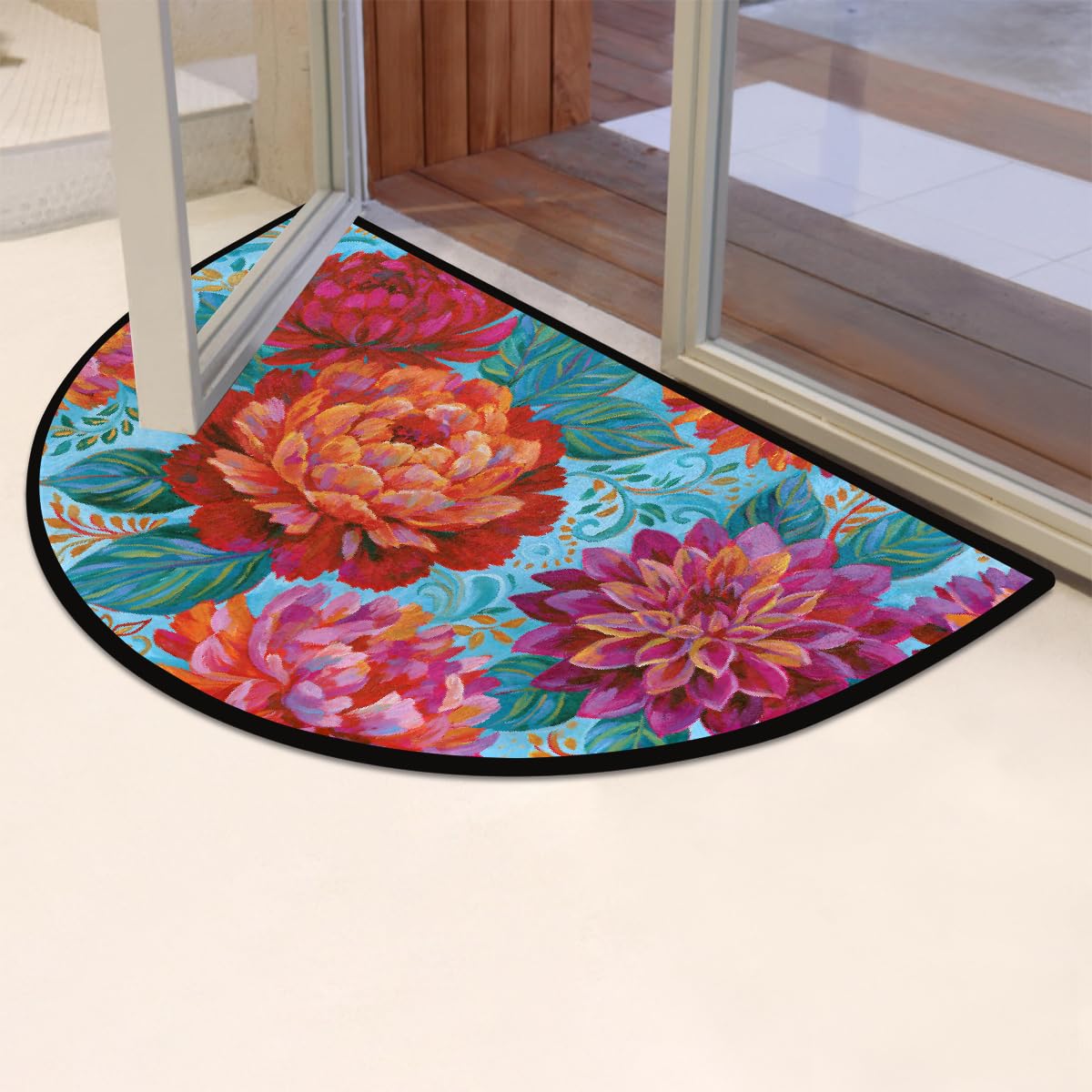 Flower Half Round Door Mat Indoor Entrance Semi Circle Area Rugs (Z Flower Color Chrysanthemum)