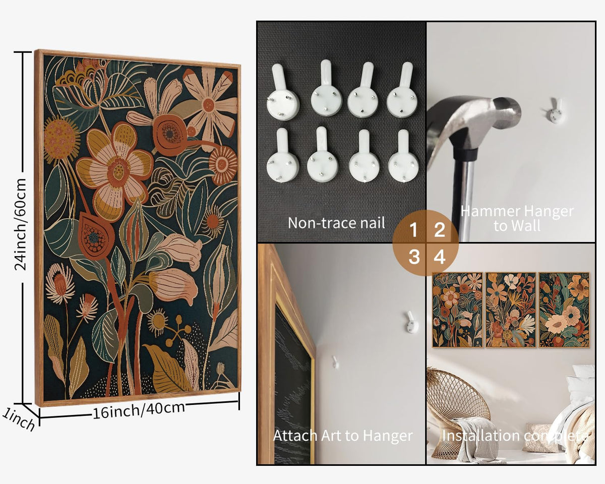 Vintage Burnt Orange Floral Framed Canvas Wall Art Set of 3 (Boho Flower / 24"L x 16"W)