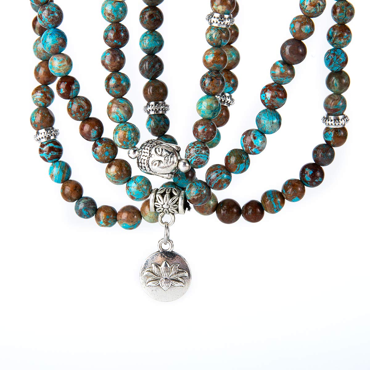 108 Mala Beads Necklace Beaded Wrap Bracelets Genuine Gemstone Mala Prayer Beads Lotus Charm Yoga Meditation Necklace (Blue Lace Agate-Lotus OM-Buddha)