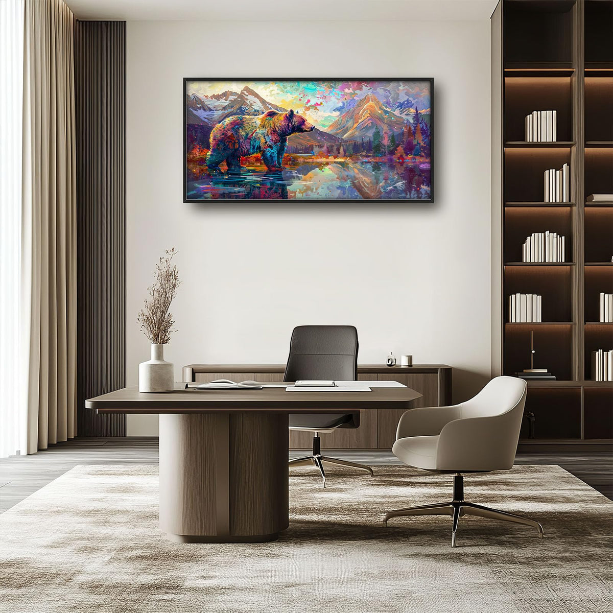 Bear Large Wall Art Bear Mountain Pictures Wall Decor Lake Landscape Canvas Painting Modern Artwork Home Decoration for Living Room Bathroom Bedroom Office Framed 60"x30" (Bear / 60"L x 30"W)