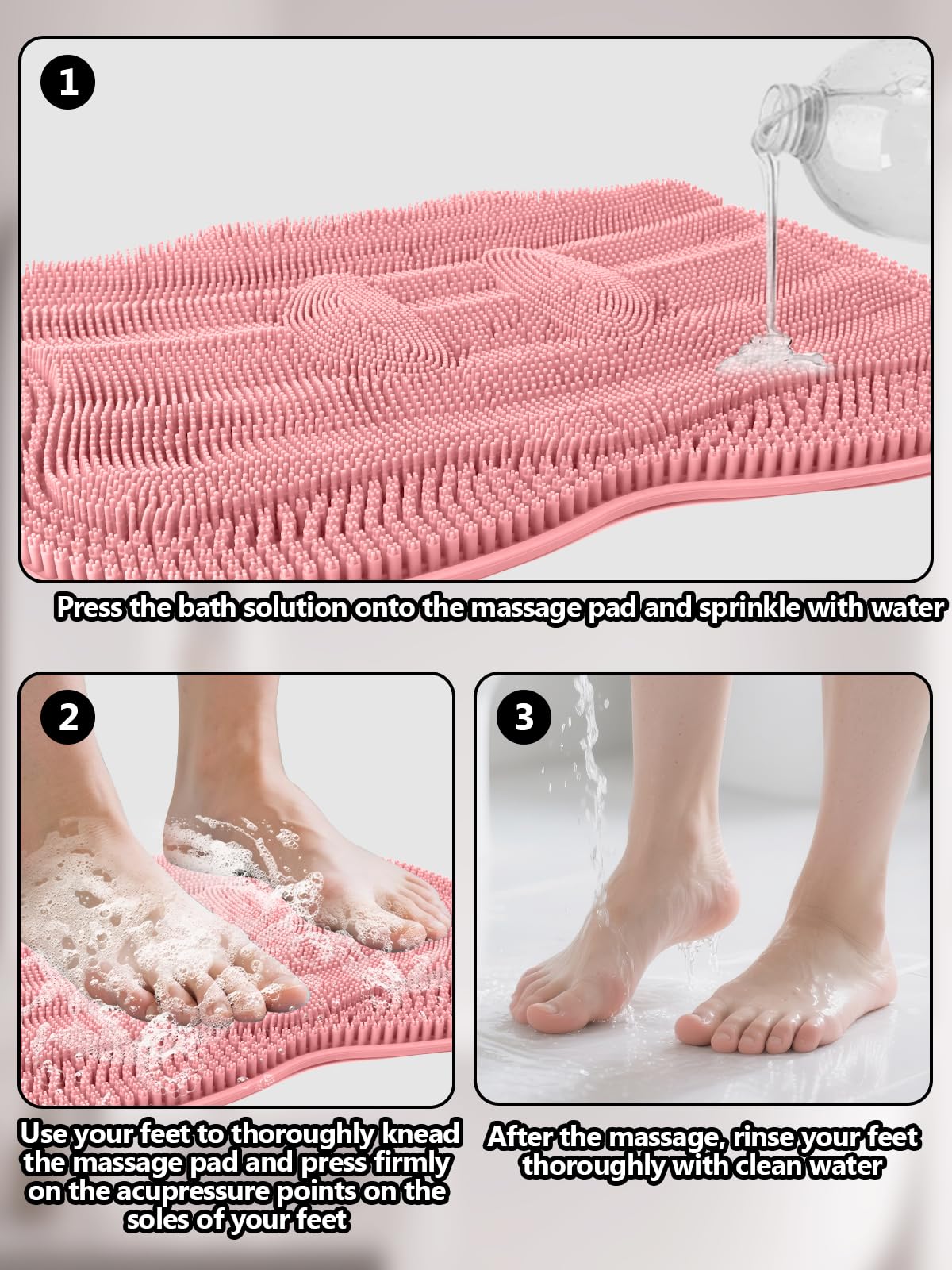Silicone Shower Foot Scrubber Mat with Non Slip Suction Cups (Pink)