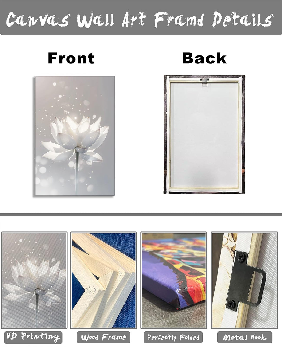 Zen Lotus Wall Art White Lotus Picture Relaxation Meditation Painting Floral Canvas Prints Spiritual Room Bathroom Living Room Office Wall Decor Framed (30"L x 20"W / F - Grey White)